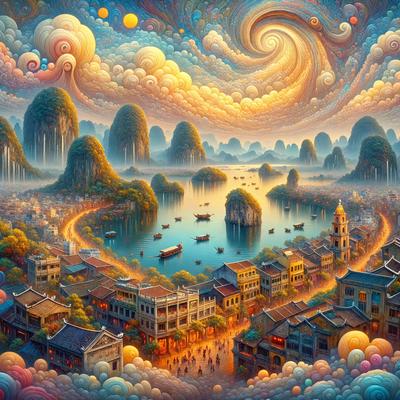 The primary subject of the image is a painting of a city with a river flowing through it. The city is surrounded by mountains, and the sky is filled with clouds. The setting is a beautiful, artistic representation of a cityscape. The visual style is a painting, which showcases the artist's skill in creating a vibrant and detailed scene. The colors and mood of the painting are lively and inviting, with the cityscape and river creating a sense of tranquility and wonder.
